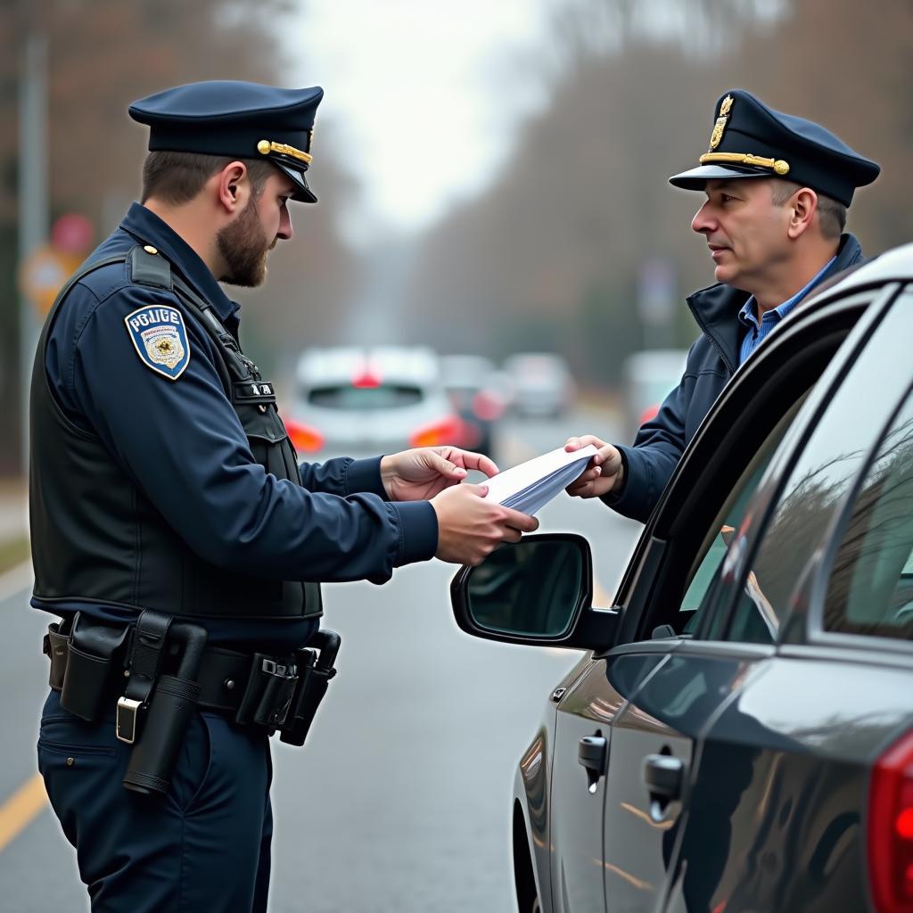 Polizei kontrolliert Fahrzeugpapiere bei einer Verkehrskontrolle