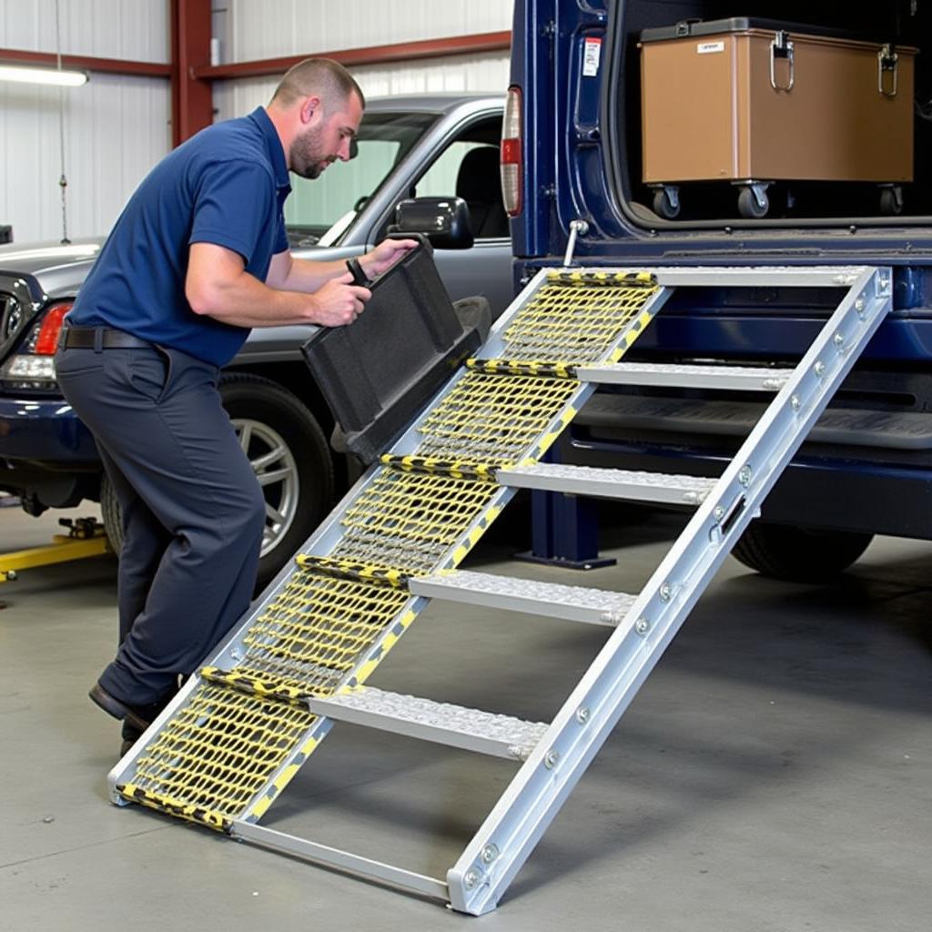 Rampe für 3 Stufen in einer Autowerkstatt