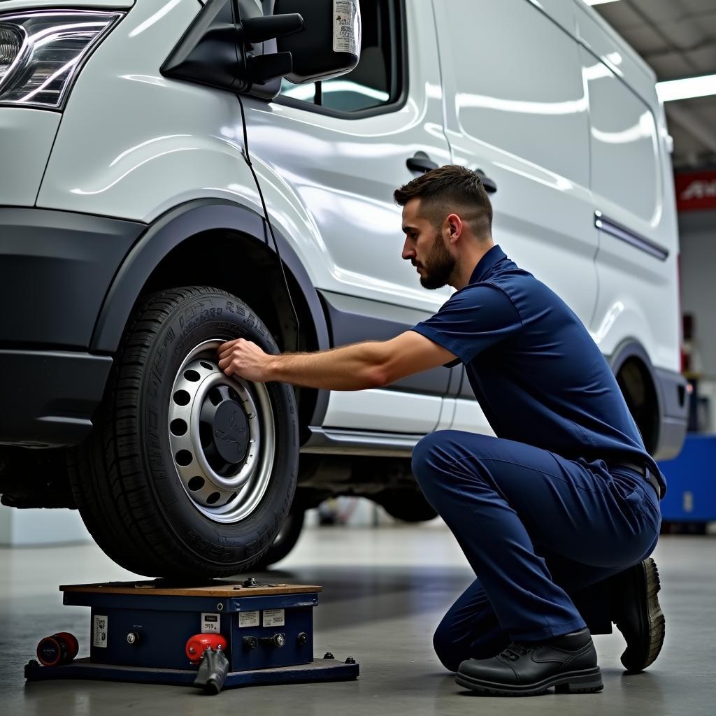 Montagem de pneus em um Ford Transit em uma oficina.