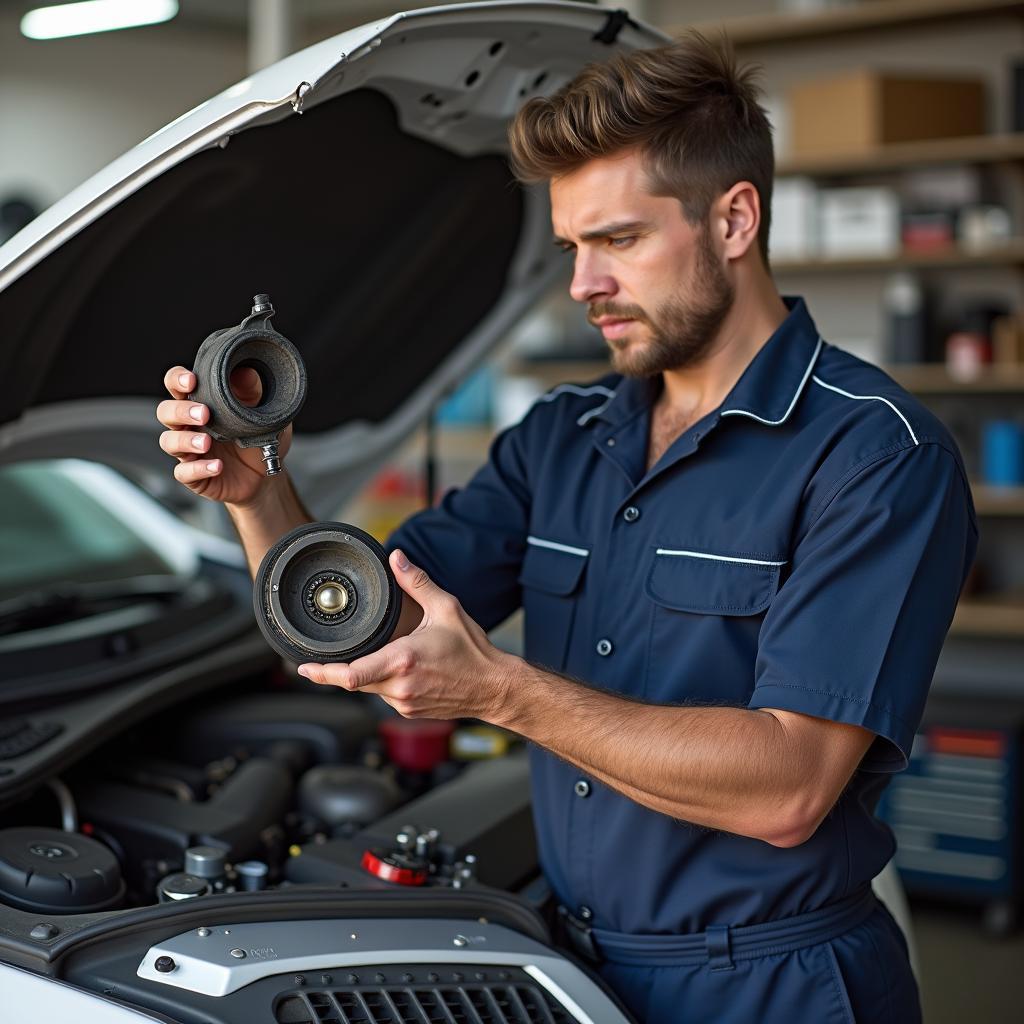 Mechaniker entscheidet zwischen Reparatur oder Austausch eines defekten Autoteils