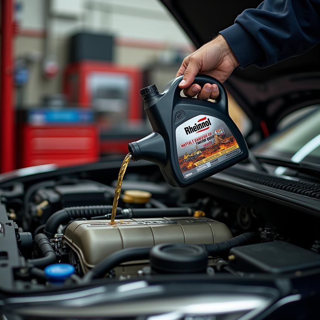 Monteur gebruikt Rheinol motorolie in een werkplaats