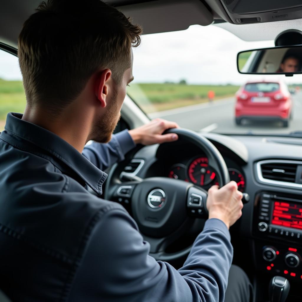 Ein Mechaniker führt eine Probefahrt mit einem Fahrzeug mit roten Nummernschildern durch