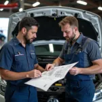 Rückversicherung durch Kollegen im Autoreparaturbereich