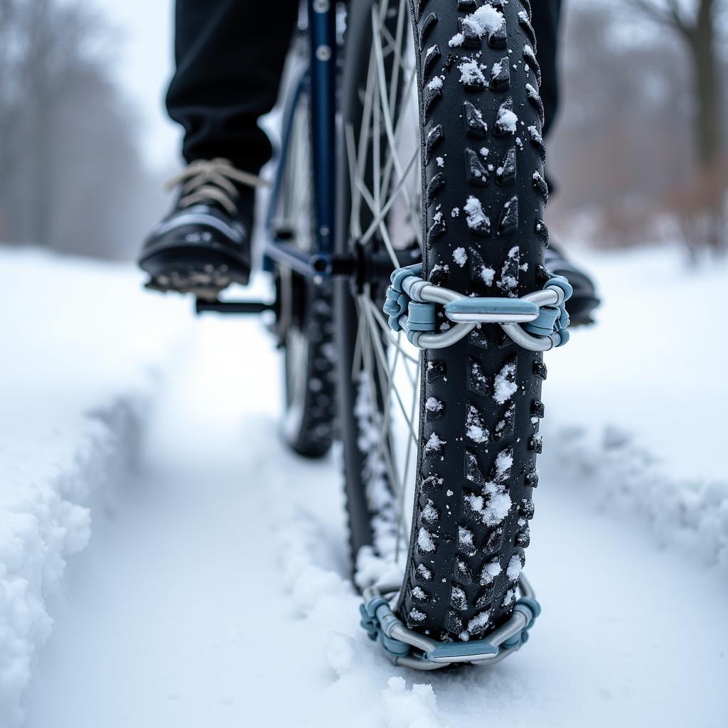 Schneekette am Fahrradreifen im Winter