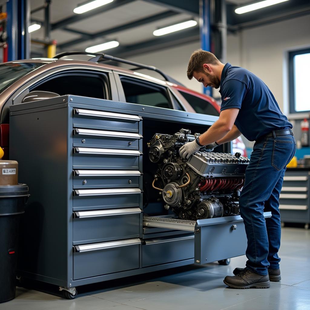 Schwerlastauszug Eurobox in der Kfz-Werkstatt