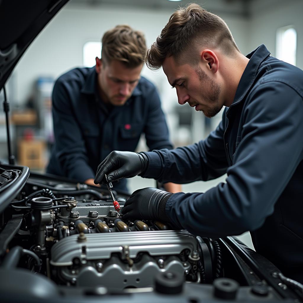 Mecânico realizando reparo em um carro tunado