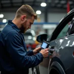 Scout 24 Autos Werkstatt Reparatur: Ein Mechaniker untersucht ein Auto mit Diagnosegeräten.