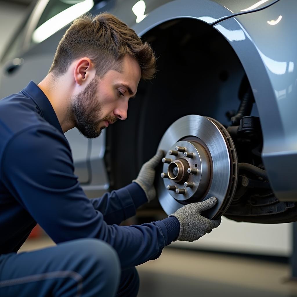 Veilig rijden met regelmatig onderhoud: Een monteur controleert de remmen van een auto.