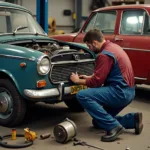 Wartung und Reparatur eines Skoda 105 S: Ein Mechaniker arbeitet am Motor.