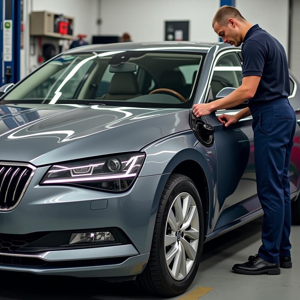 Skoda Superb in der Werkstatt zur Reparatur des Tankdeckels