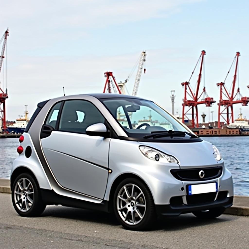 Smart car rental parked near the Hamburg harbor