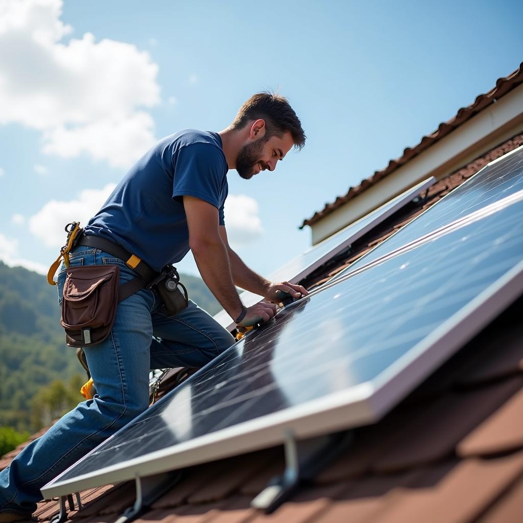 Solarpanel Dach Befestigung Montage: Ein Techniker installiert ein Solarpanel auf einem Hausdach.