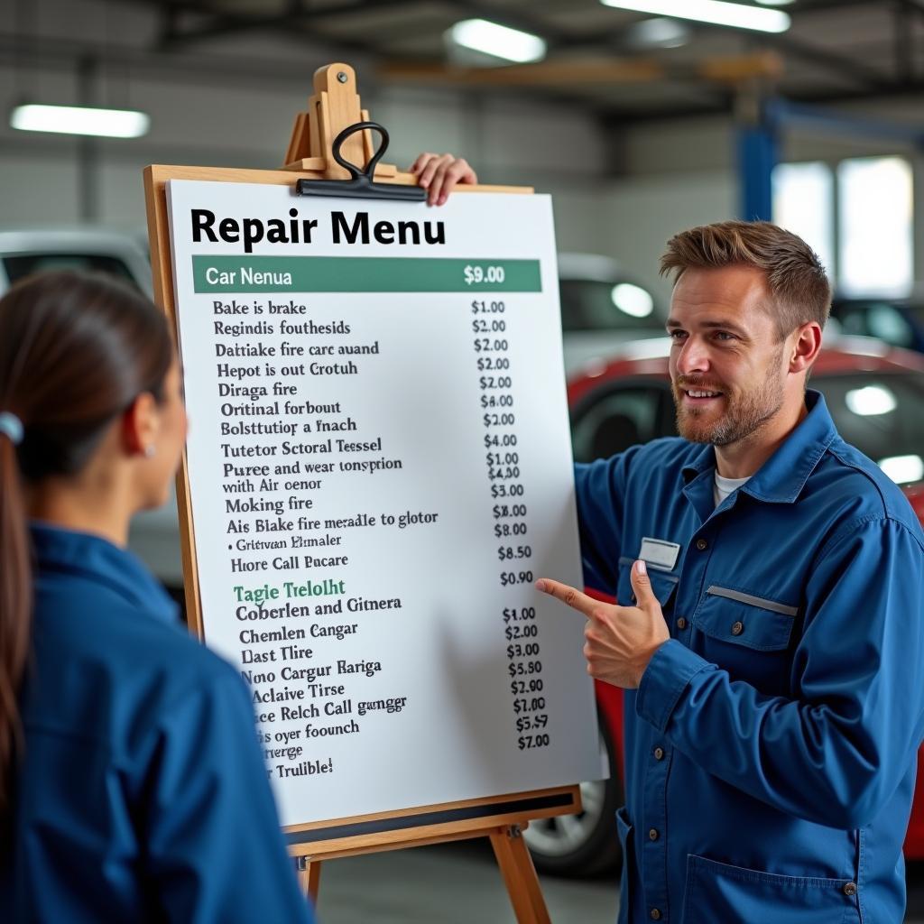 Speisekarte Autoreparatur Zum Biber: Ein Mechaniker präsentiert die verschiedenen Reparaturmöglichkeiten auf einer symbolischen Speisekarte.