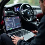 Diagnose-Tools für Sportwagen: Ein Laptop ist mit einem Fahrzeug verbunden, um Daten auszulesen.