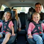 Familie unterwegs im Tesla Model Y mit Kindersitzen