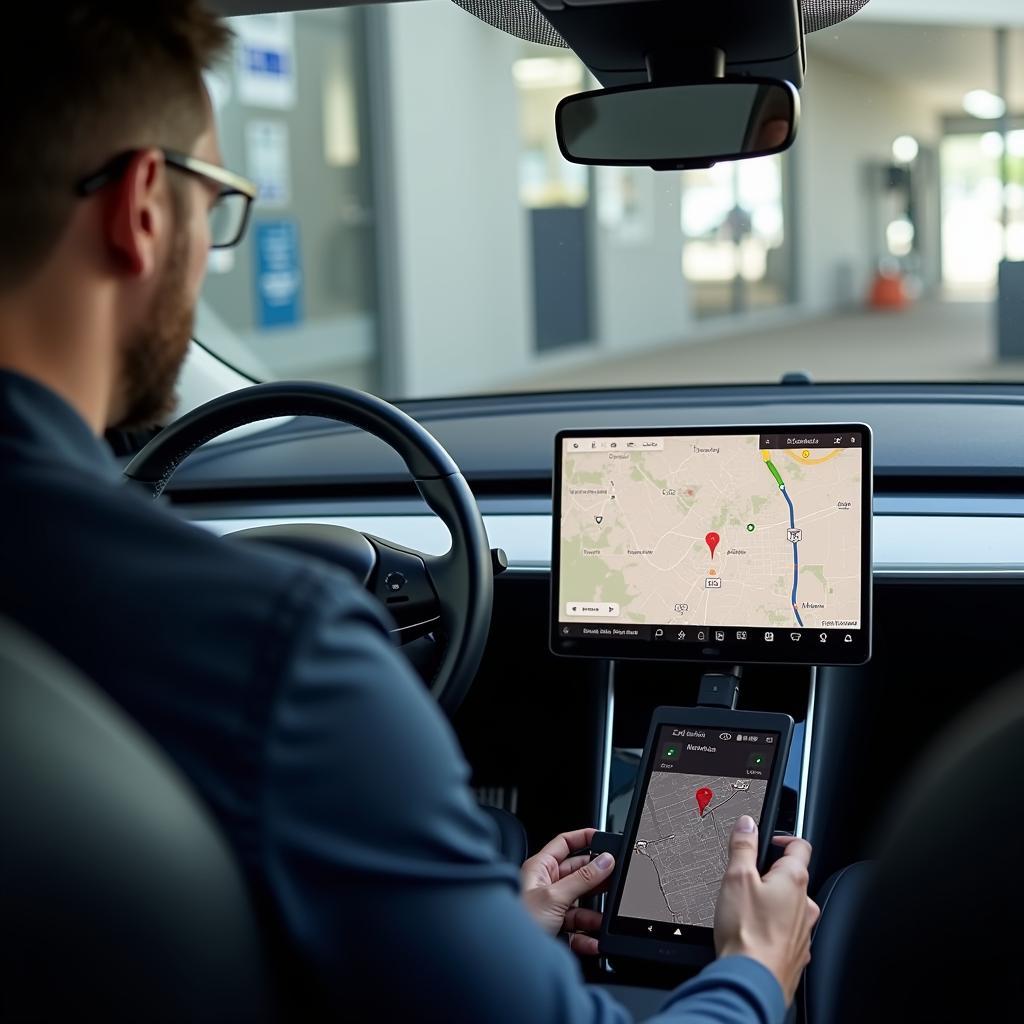 Tesla Navigationssystem Fehlerbehebung: Ein Techniker überprüft die Software und die Kartenaktualisierungen.