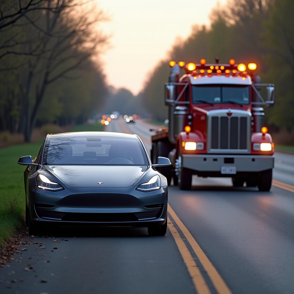 Tesla Pannenhilfe mit aktiviertem Warnblinker