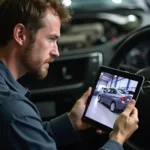 Tomato Filme und Autoreparatur: Ein Mechaniker schaut sich verwirrt ein Tutorial-Video auf einem Tablet an.