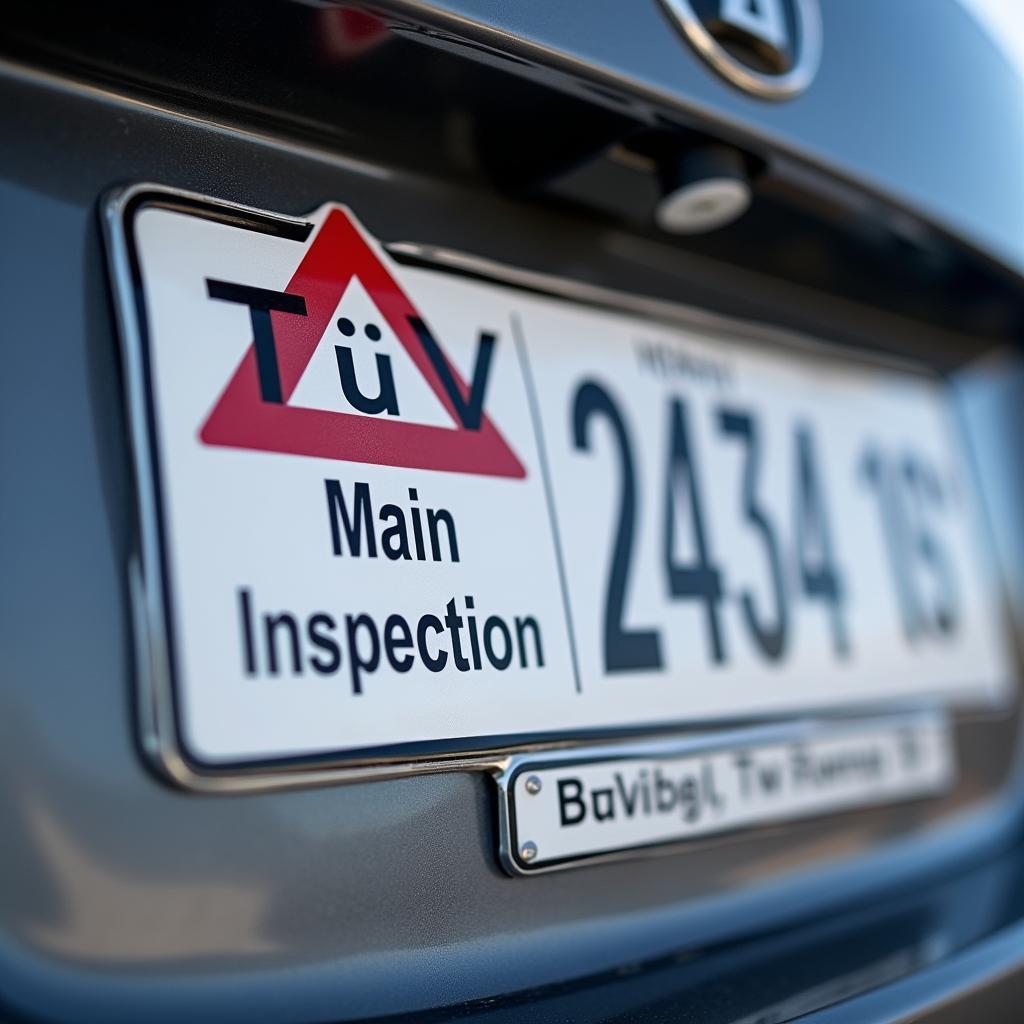 TÜV Bescheinigung Auto Plakette: Nahaufnahme der TÜV-Plakette auf einem Nummernschild, die die Gültigkeit der Hauptuntersuchung anzeigt.