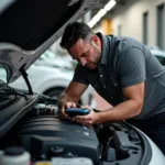 Unabhängige Autoreparatur: Ein Mann untersucht den Motorraum seines Autos.