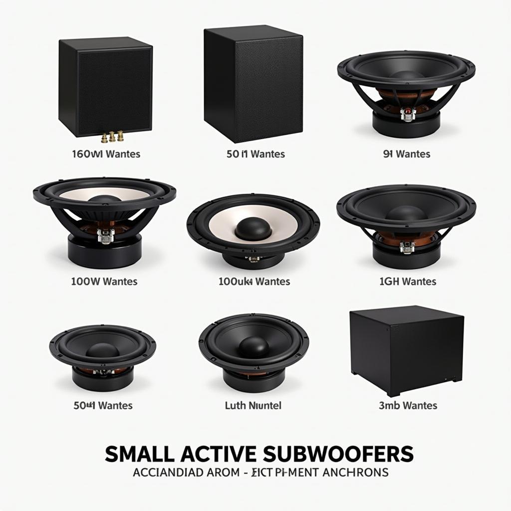 Variety of small active subwoofer models, showcasing different designs and sizes.