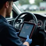 Volvo Software Upgrade Prozess: Ein Techniker aktualisiert die Software eines Volvo Fahrzeugs.