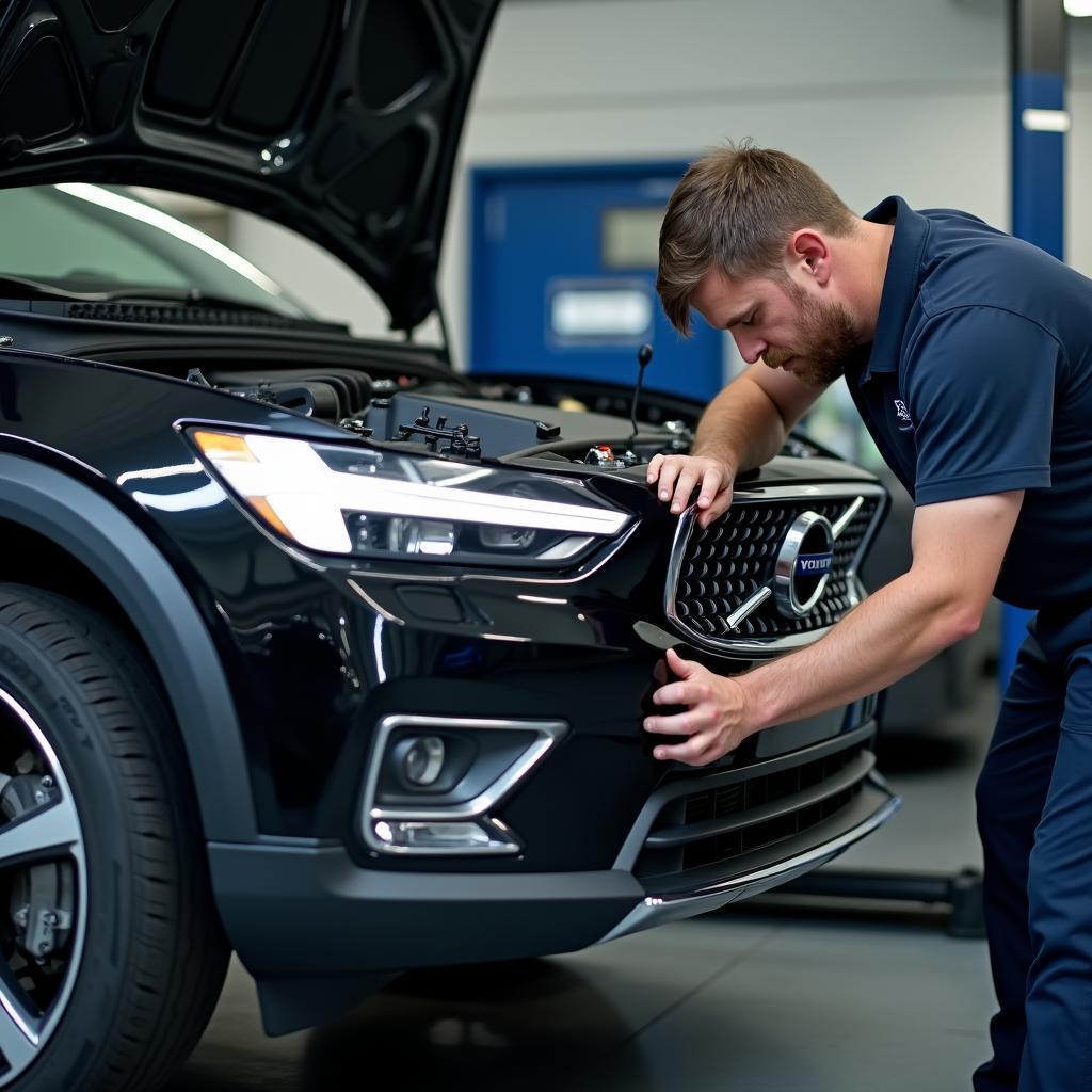 Volvo Wartung und Reparatur -  Ein Volvo Fahrzeug wird in einer Werkstatt gewartet. Der Mechaniker überprüft sorgfältig die verschiedenen Komponenten des Fahrzeugs, um sicherzustellen, dass es in einwandfreiem Zustand ist.