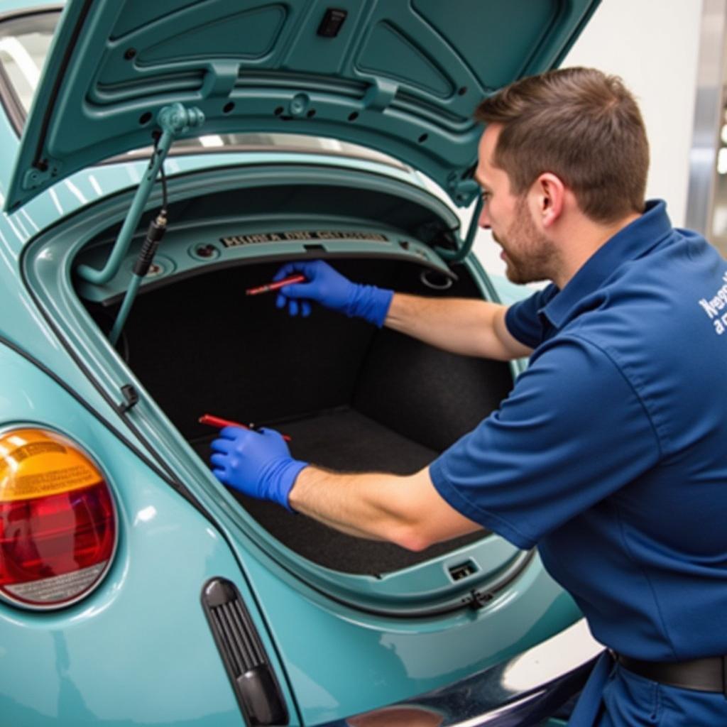 Image showing repair work being done on a VW Beetle's trunk, related to car auto repair services