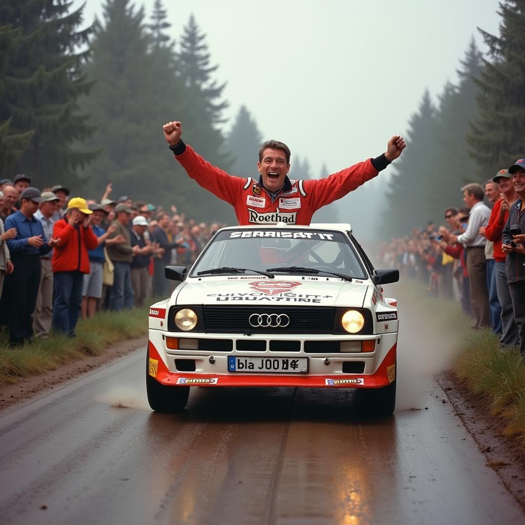 Walter Röhrl feiert einen seiner vielen Rallyesiege im legendären Audi Urquattro.