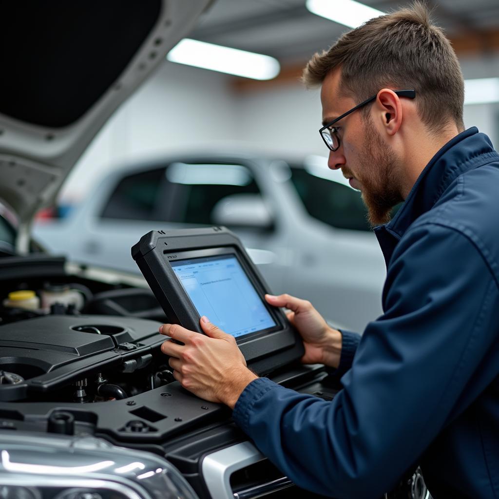 Autoreparatieservice in een garage in Haltern am See: Een monteur onderzoekt een voertuig met diagnoseapparatuur.