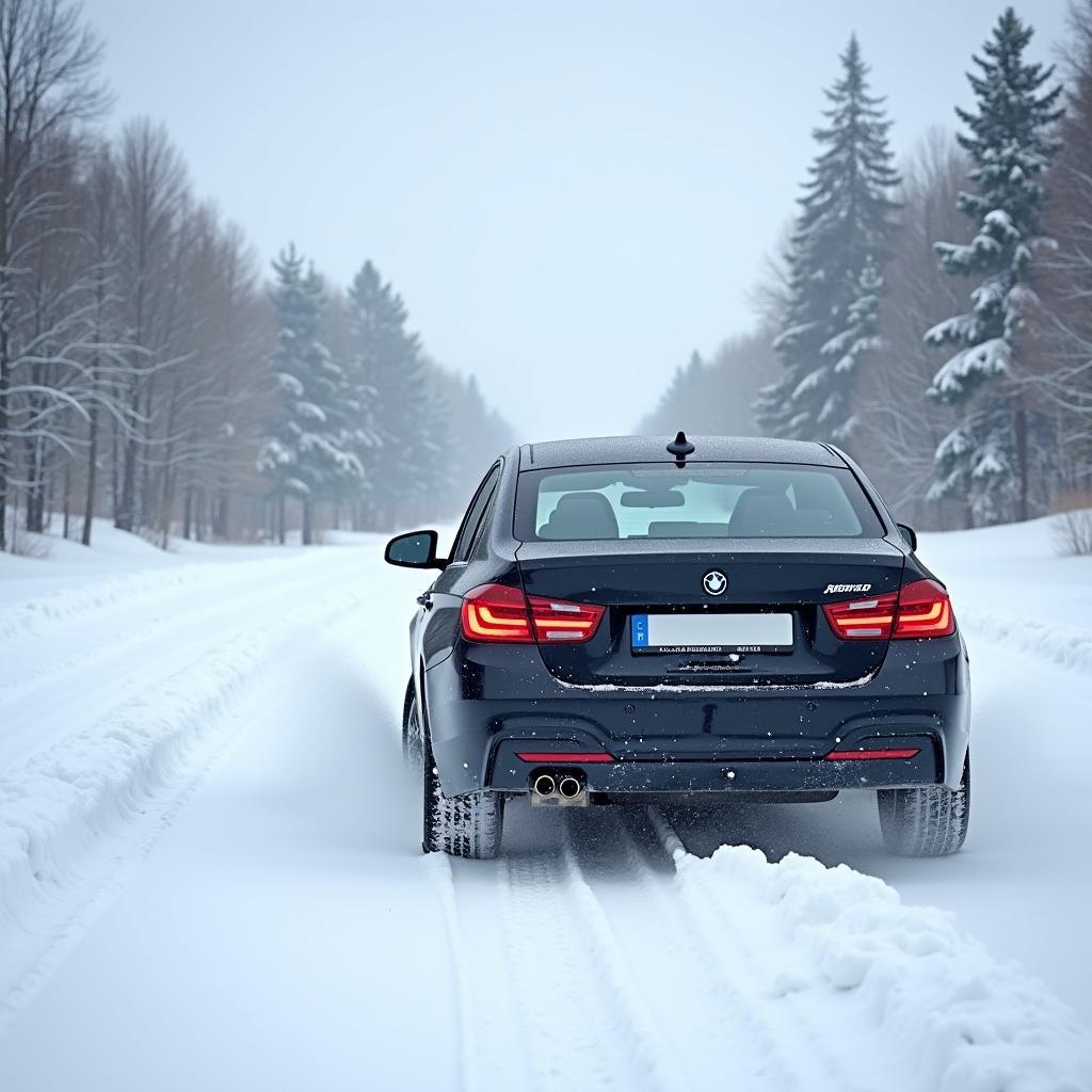 Winterreifen Goodyear Test im Schnee: Ein Auto fährt durch eine verschneite Landschaft.