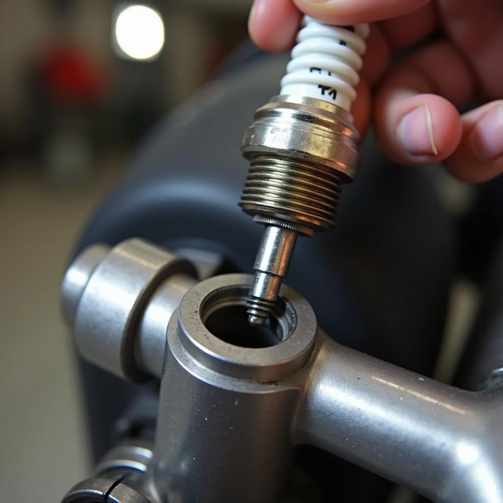 Installing the spark plug in an Aprilia SR 50