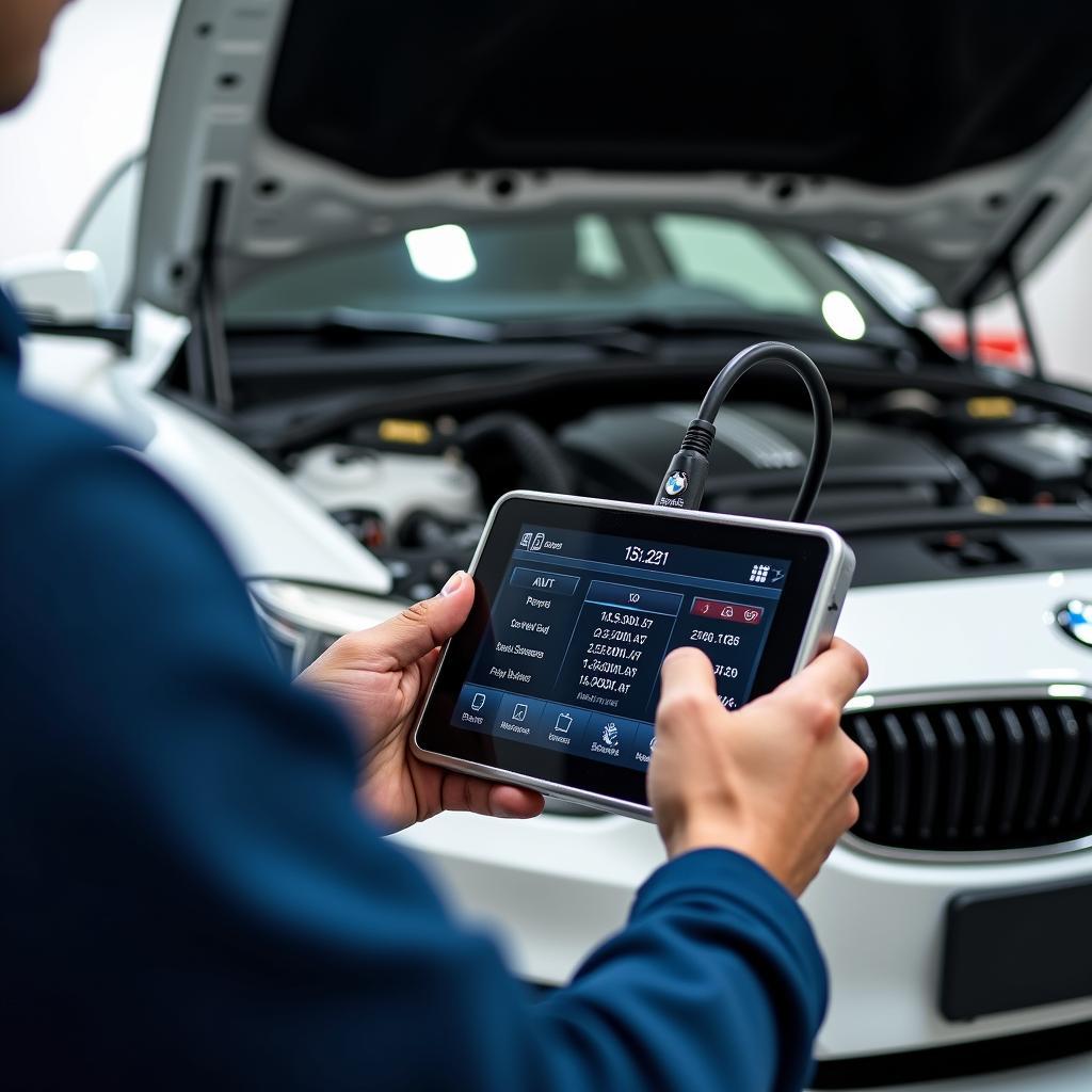 Diagnose eines 4er BMW Weiß mit einem Diagnosegerät