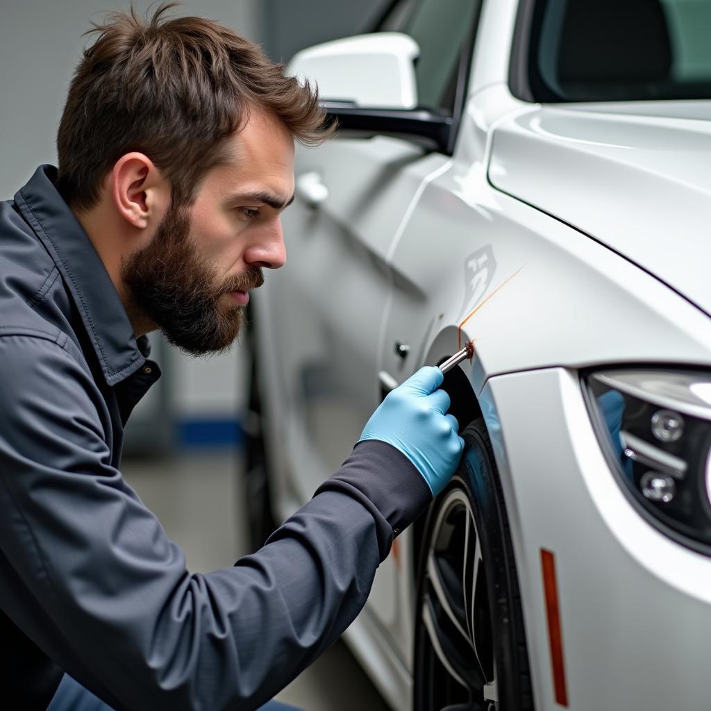 Reparatur eines Lackschadens an einem weißen 4er BMW