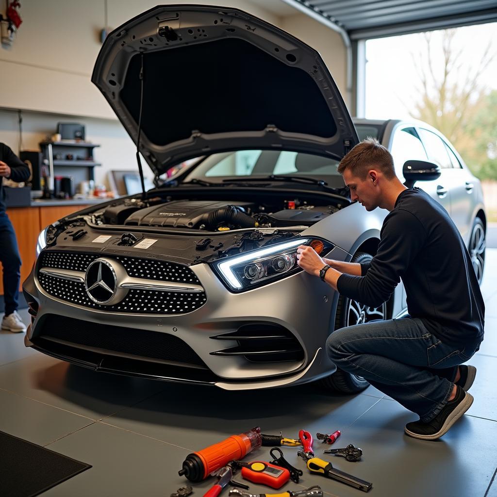 Heimwerker repariert seine A-Klasse in der Garage