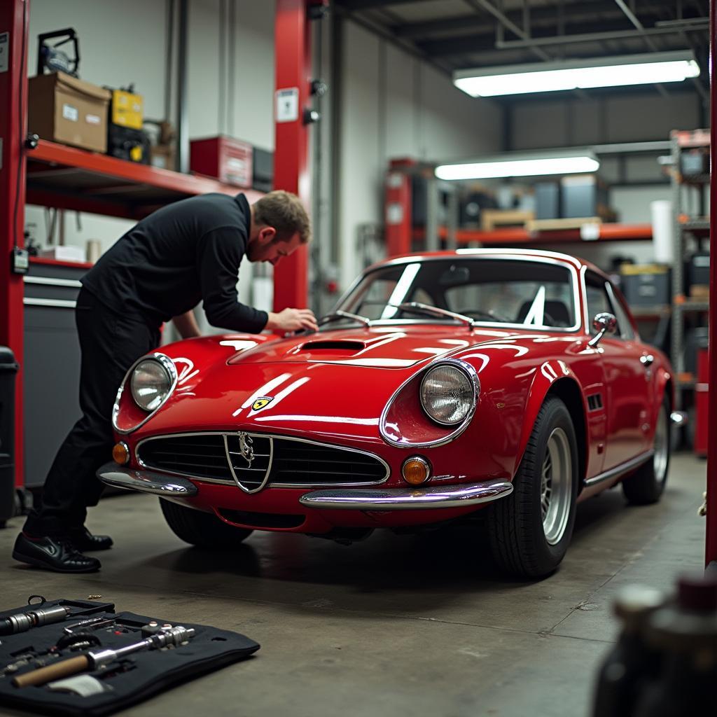 Abarth 695 Ferrari Tributo in der Werkstatt: Mechaniker führt Reparaturarbeiten am Fahrzeug durch, spezialisiertes Werkzeug im Vordergrund.