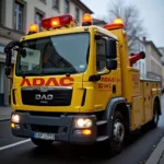 ADAC Abschleppwagen mit Warnblinklicht - Nahaufnahme des Brandings.