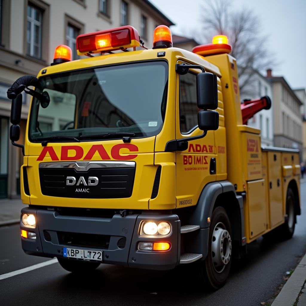 ADAC Abschleppwagen mit Warnblinklicht - Nahaufnahme des Brandings.