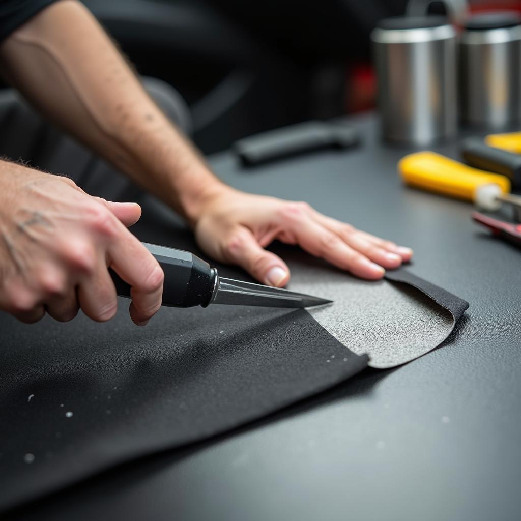 Präzises Zuschneiden von selbstklebendem Alcantara mit einem Cuttermesser für die Autoreparatur.