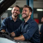 Alf Lachen in der Werkstatt: Ein Mechaniker lächelt während der Reparatur.