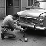 Montage einer Anhängerkupplung an einem Wartburg in der DDR