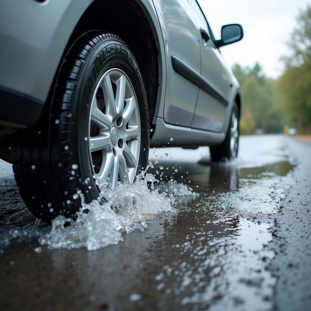 Autoreifen fahren durch tiefes Wasser auf der Straße, Aquaplaning-Gefahr.