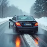 Auto gerät bei winterlichen Bedingungen mit abgefahrenen Reifen ins Aquaplaning.