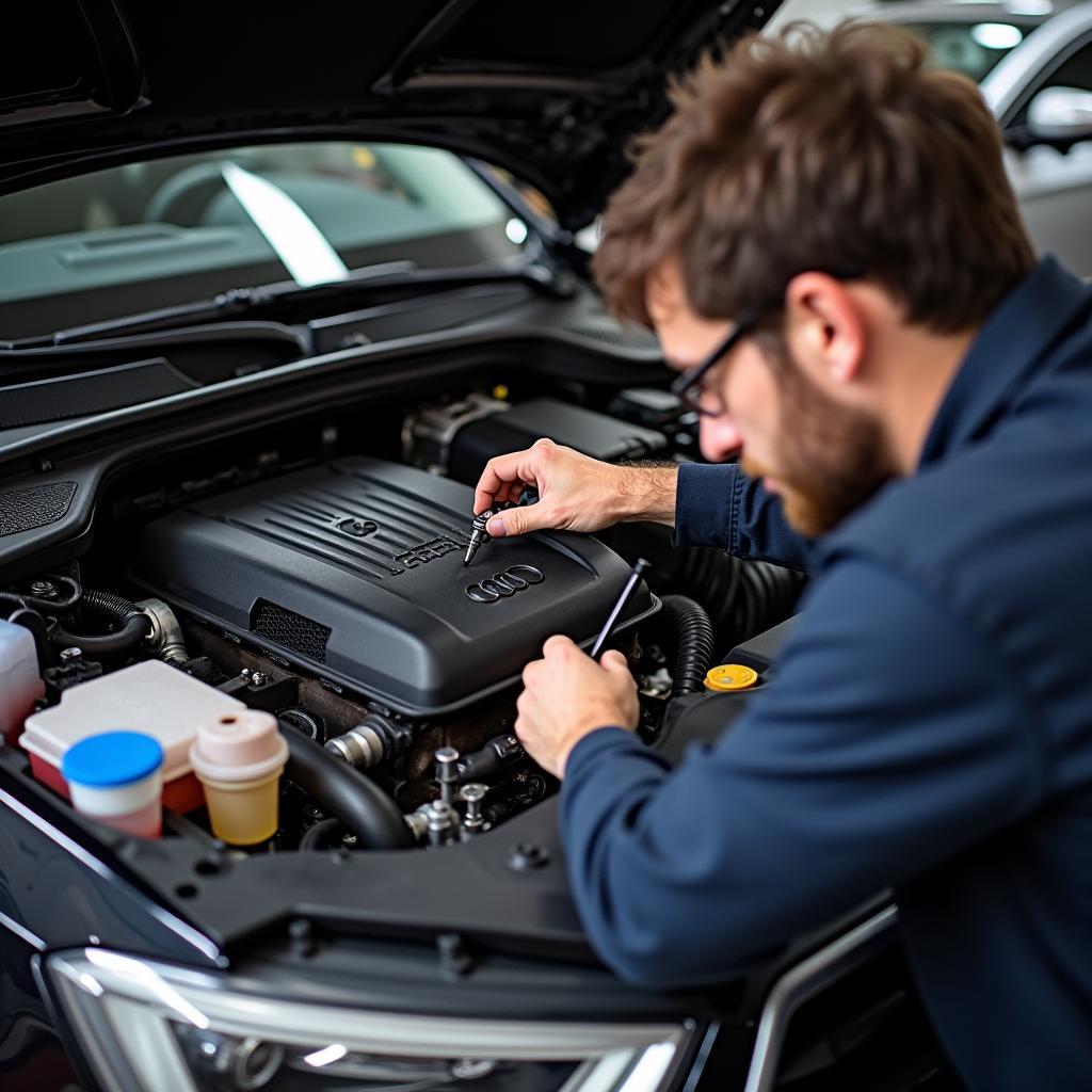 Audi A3 Motorraum Inspektion: Motoröl, Ölfilter, Luftfilter und Flüssigkeiten werden geprüft.