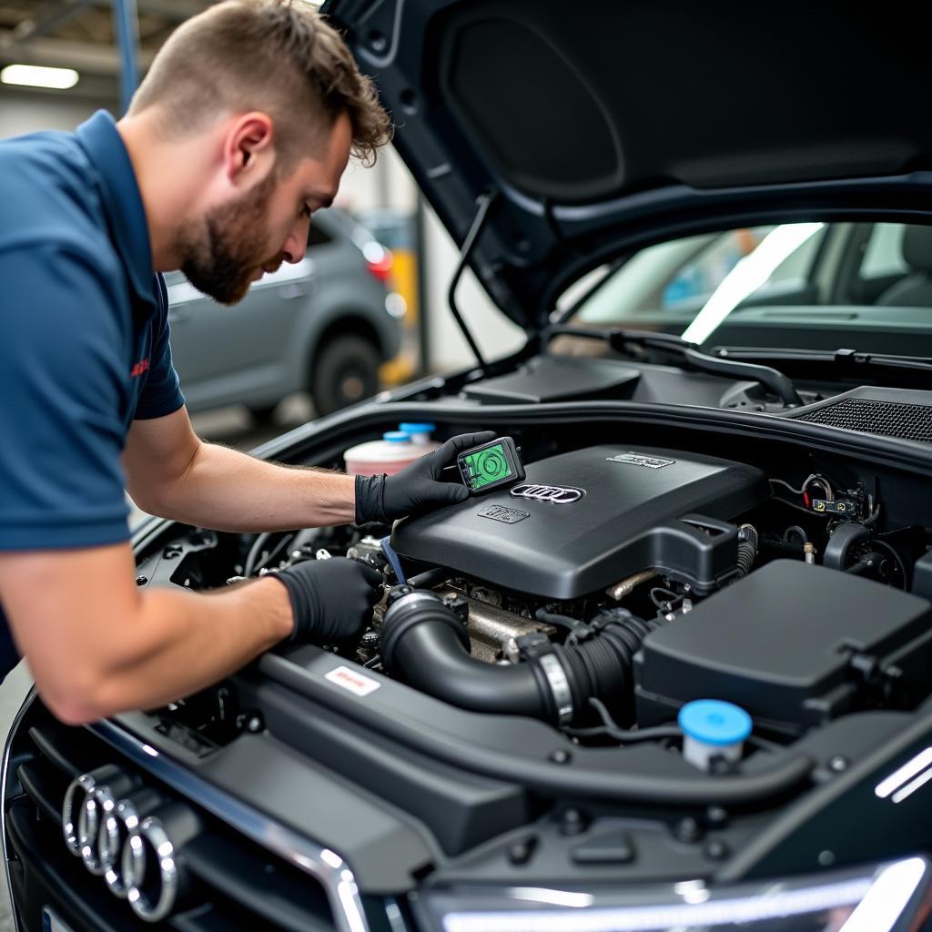 Audi A3 Inspektion in der Werkstatt: Ein Mechaniker überprüft den Motorraum und die technischen Komponenten des Fahrzeugs.