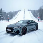 Audi quattro vor einer verschneiten Skischanze im Winter.