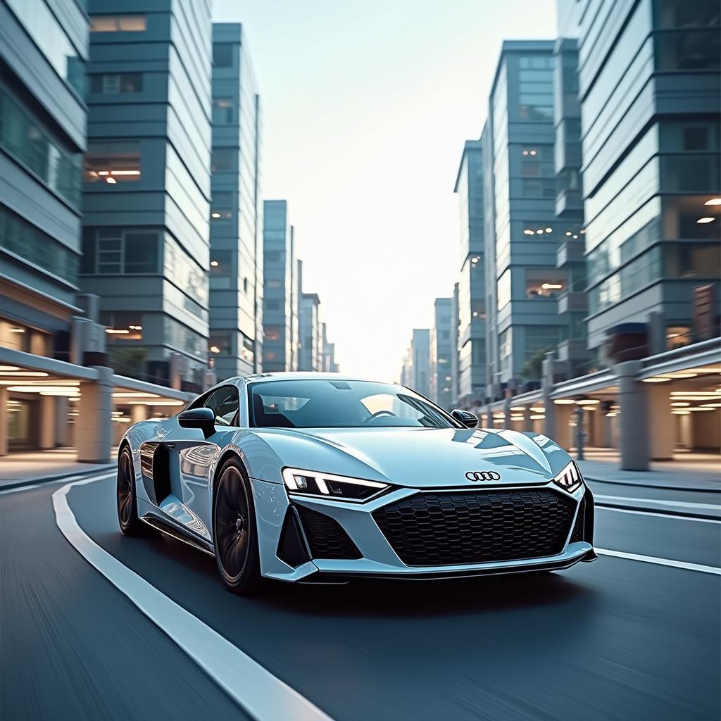 Audi R8 Elektro in futuristischer Stadtlandschaft