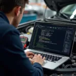 Mechaniker analysiert Fehlercodes der ECU mit einem Diagnosegerät