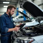 Ein Mechaniker führt eine Inspektion an einem Auto in einer Werkstatt durch, überprüft den Motorraum und nutzt ein digitales Tablet zur Dokumentation.