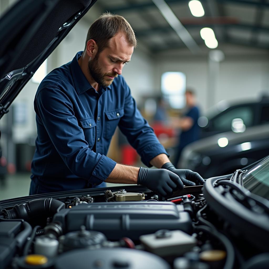 Mecânico realizando reparo em um carro na oficina